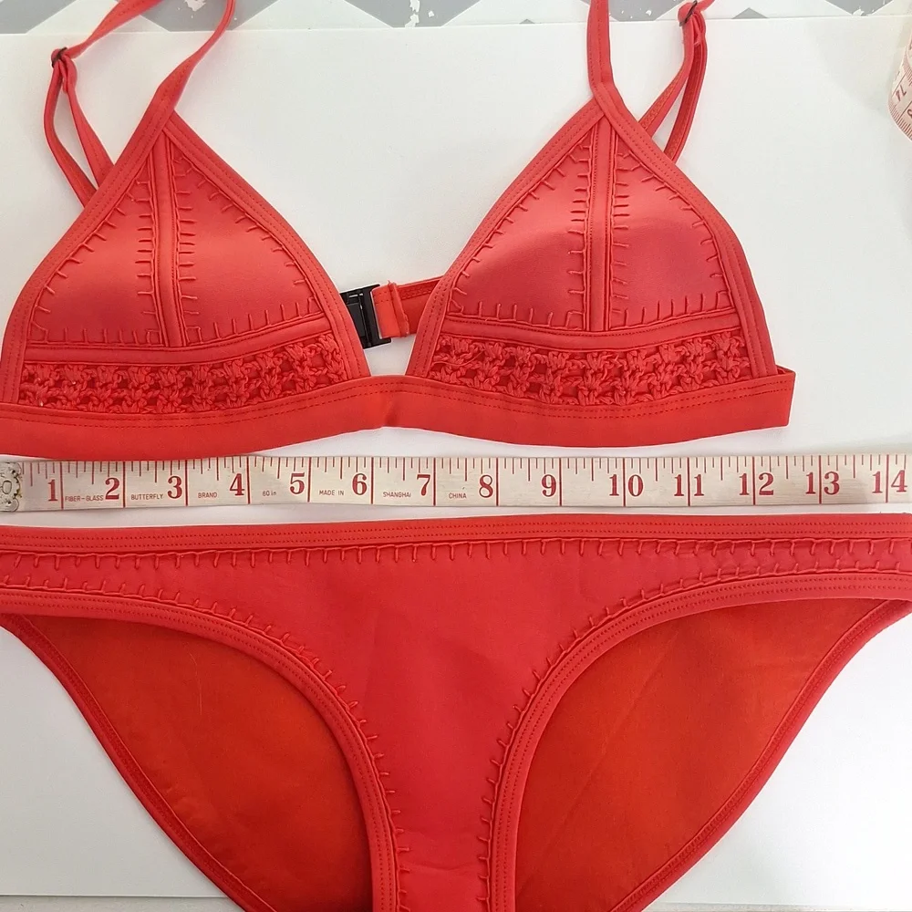 triangl swimwear Coral Red Triangle Bikini Set with Matching Neoprene Bag
